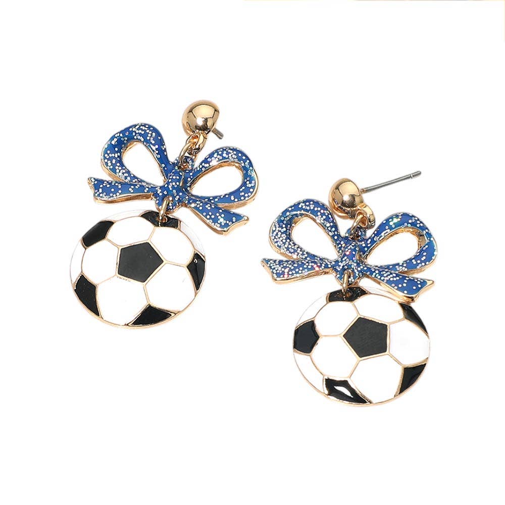 Blue Bow Soccer Ball Drop Dangle Earrings