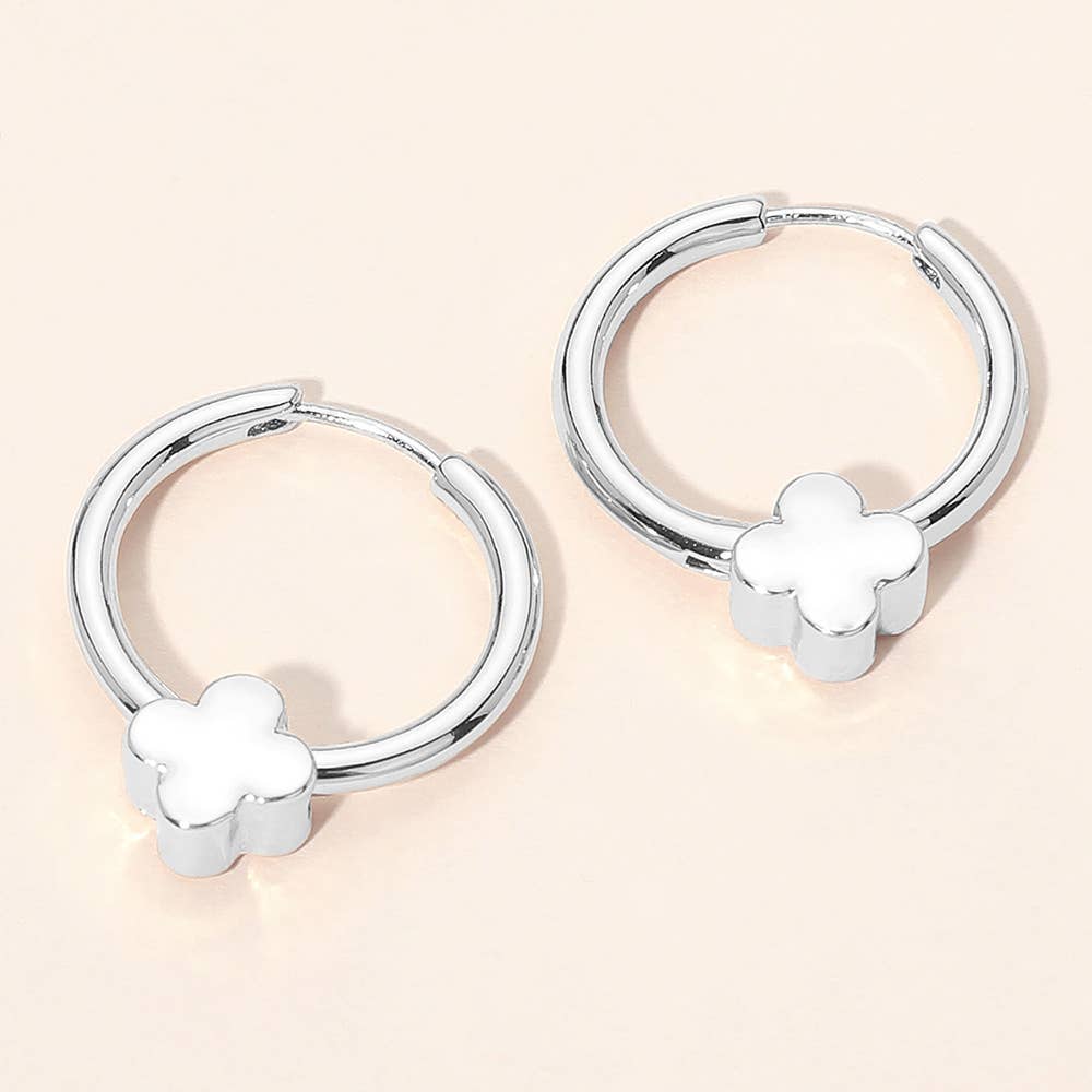 Silver Dipped Quatrefoil Accent Huggie Hoop Earrings: Rhodium