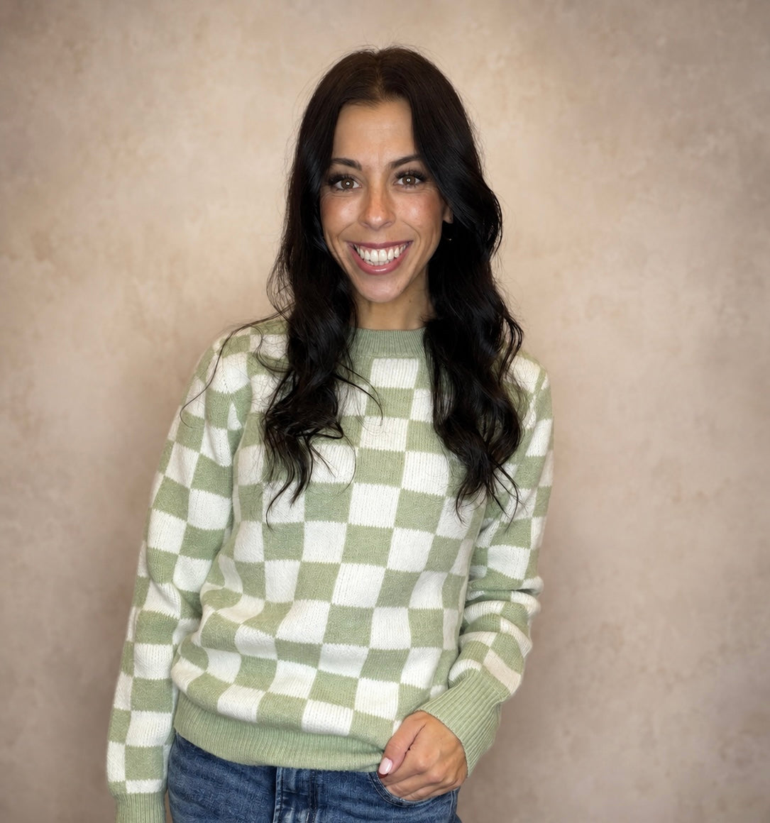 Lila Checkered Sweater ~ Sage & White