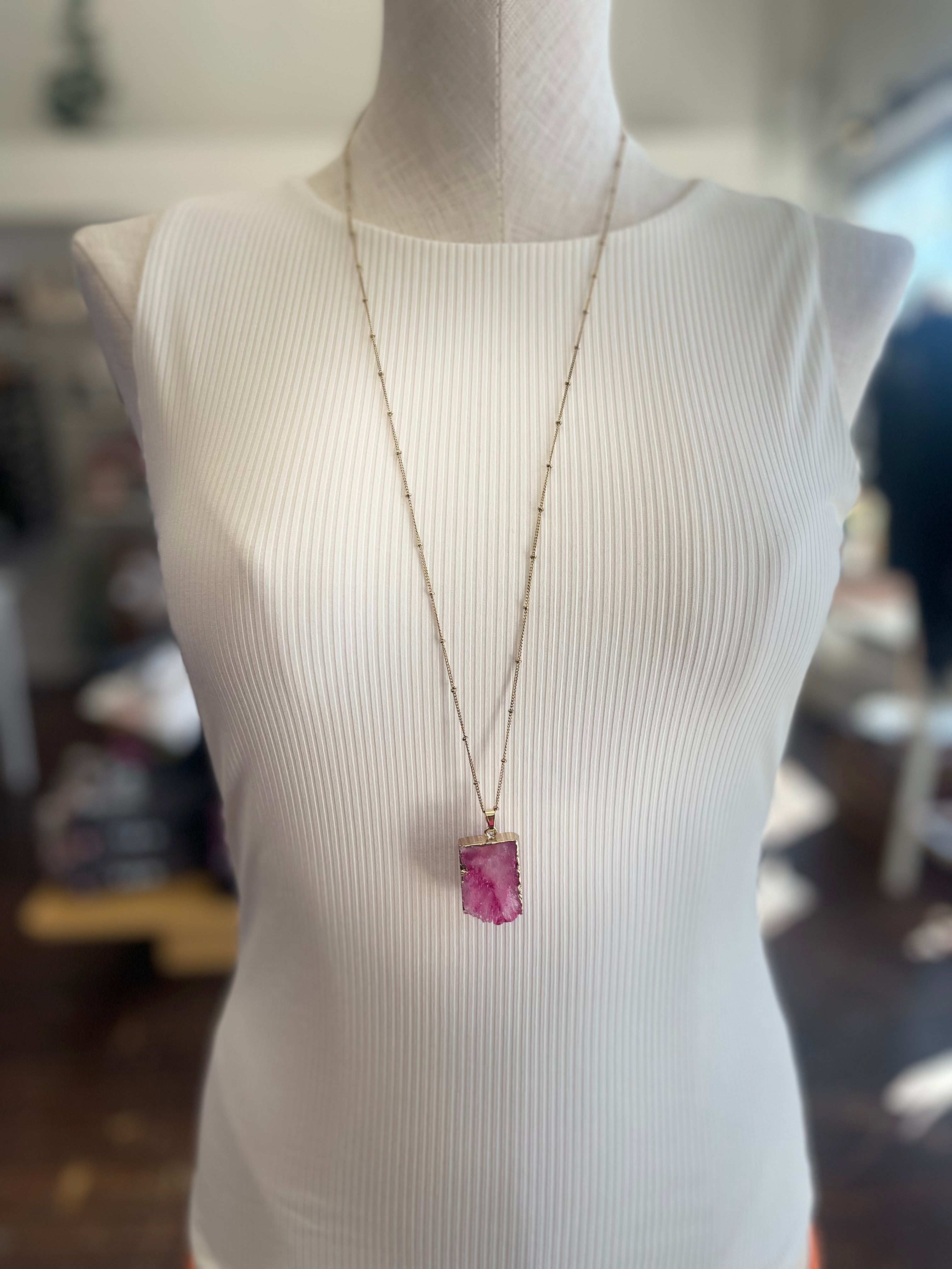 Pink Rectangle Agate Necklace