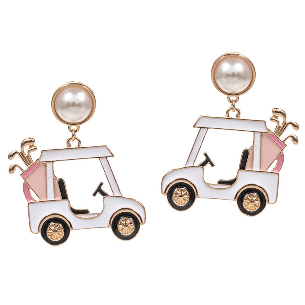 Pearl Enamel Golf Cart Drop Dangle Earrings