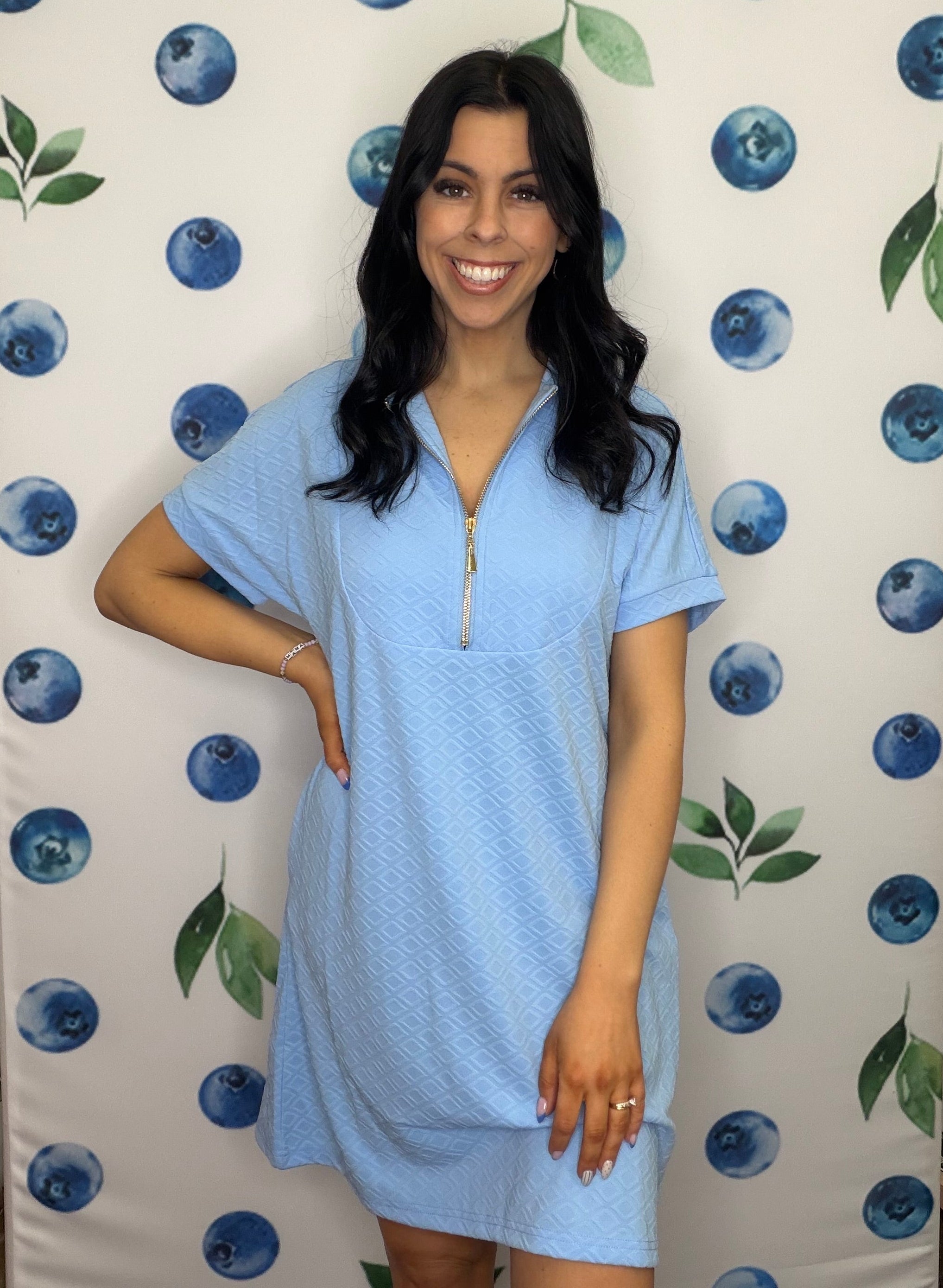 Ezra Textured Zipper Dress- Light Blue