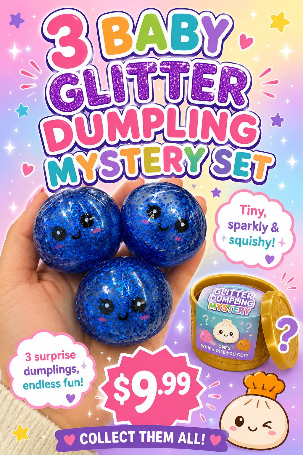 Mystery Color Set of 3 Glitter Dumplings Squish