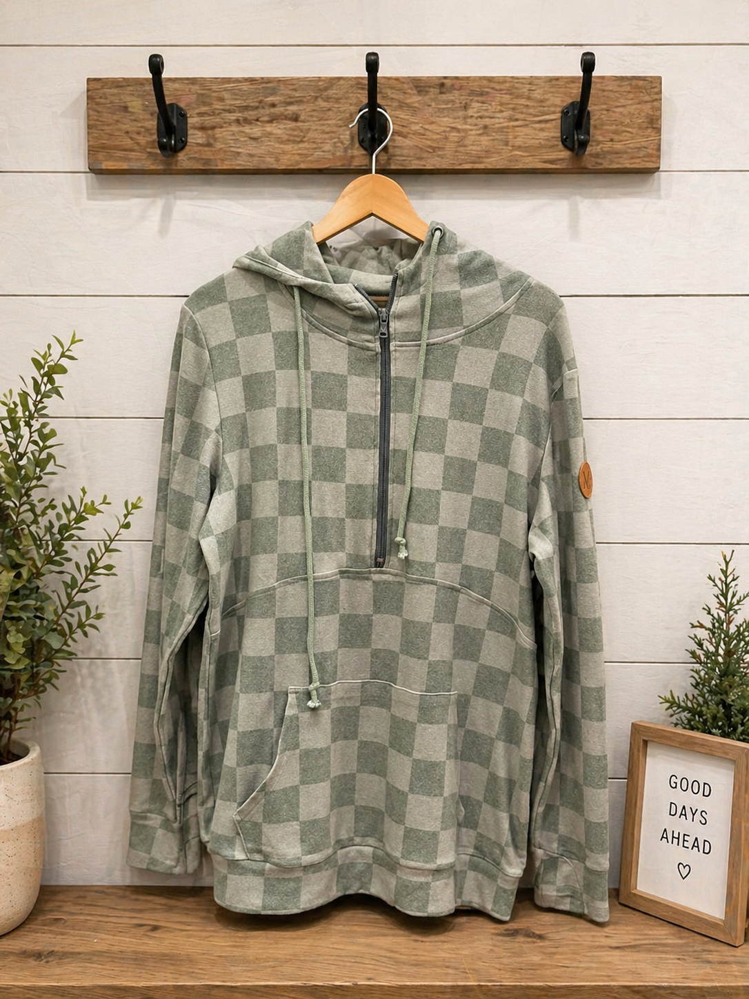 Half Zip Hoodie - Olive Checkers