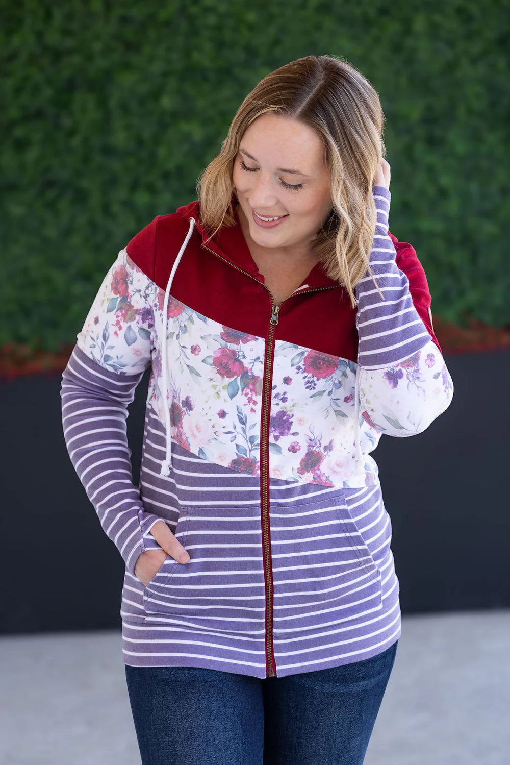 Burgundy Bloom Colorblock Full Zip Hoody
