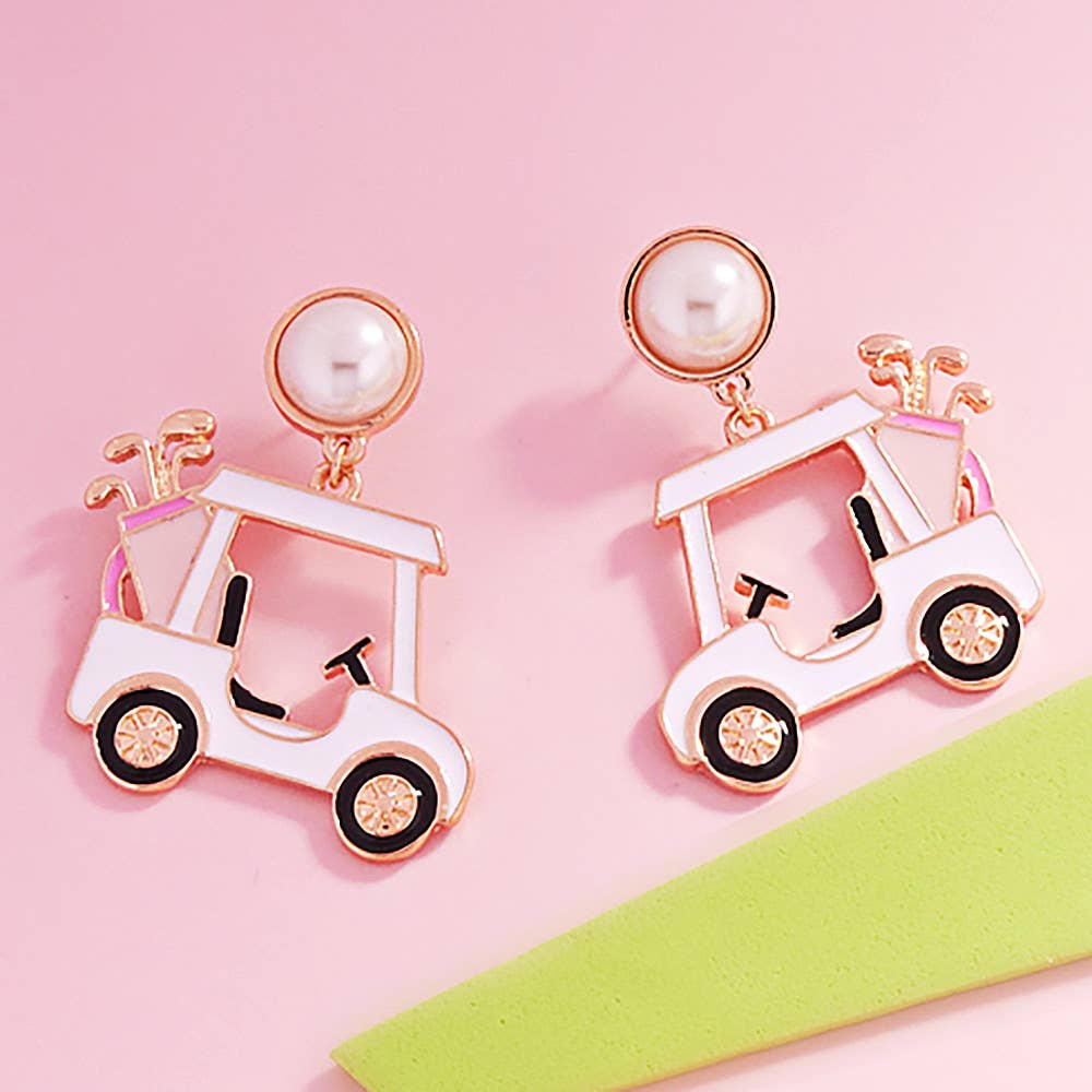Pearl Enamel Golf Cart Drop Dangle Earrings