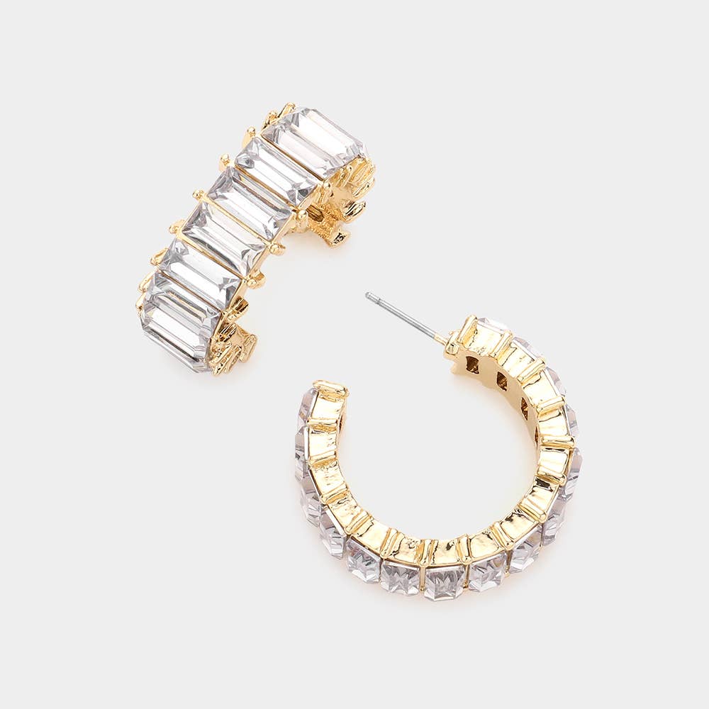 Baguette Stone Cluster Hoop Gold Earrings